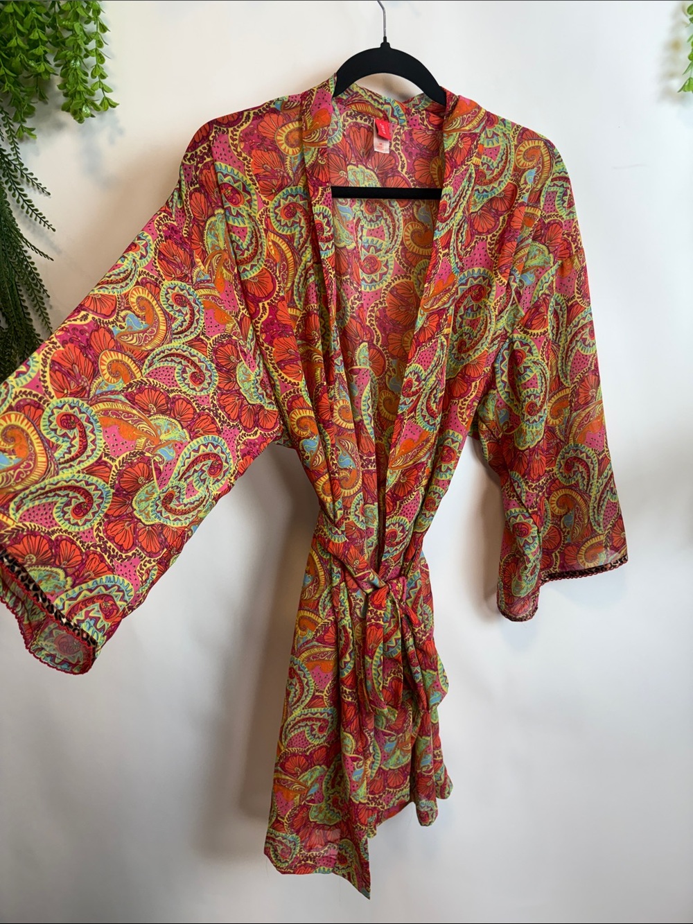 Natori Floral Paisley Kimono Robe - Pink, Orange & Green